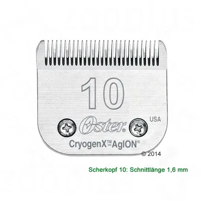 Tête de coupe Oster CryogenX AgION n°10, USA, longueur de coupe 1,6 mm, texte en allemand : Scherkopf 10: Schnittlänge 1,6 mm visible sur l’image.