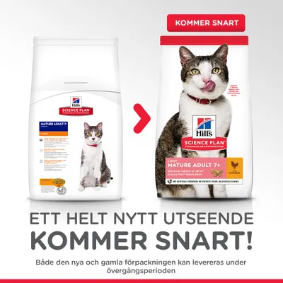 Hill's Science Plan Mature Adult 7+ Light Chicken kattmat, bild på nuvarande och ny förpackning. Text: 'Ett helt nytt utseende kommer snart!'. Båda kan levereras under övergångsperioden.