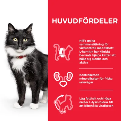 HUVUDFÖRDELAR: Hill’s unika sammansättning för viktkontroll, kontrollerade mineralhalter för friska urinvägar, låg fetthalt och höga nivåer L-lysin för vitalitet. Text på svenska.