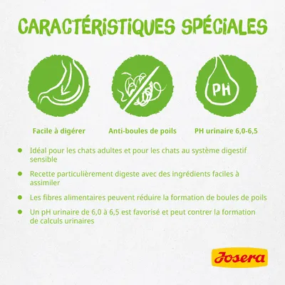 Caractéristiques spéciales : facile à digérer, anti-boules de poils, PH urinaire 6,0–6,5. Idéal chats adultes/système digestif sensible. Marque Josera visible en bas à droite.