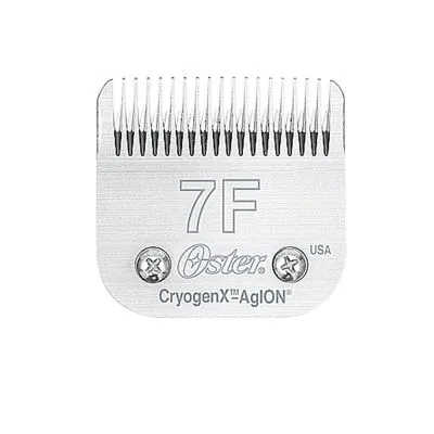 Oster 7F CryogenX AgION klippeskær i metal med synlig tekst: 7F, Oster, USA, CryogenX AgION.