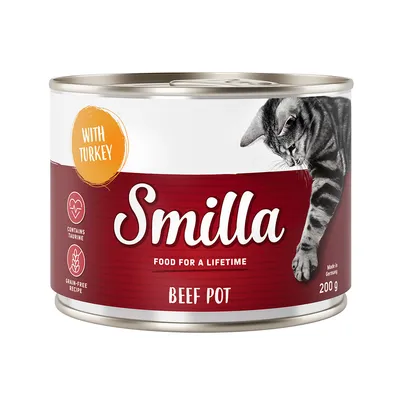 Smilla Beef Pot cat food, 200g can, with turkey, contains taurine, grain-free recipe, Made in Germany.