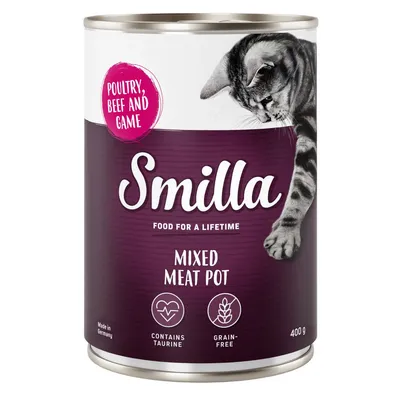 Smilla Mixed Meat Pot, 400g. Innehåller taurin, spannmålsfri. Smaker: fågel, nötkött och vilt. Tillverkad i Tyskland.