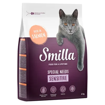 Sac de 4 kg Smilla Special Needs Sensitive pour chat, rich in salmon, grain-free recipe, contains taurine, omega. Texte en anglais visible sur l’emballage.