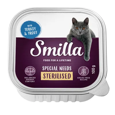Smilla Special Needs Sterilised cat food, with turkey and trout, 100g, grain-free, balanced energy content.