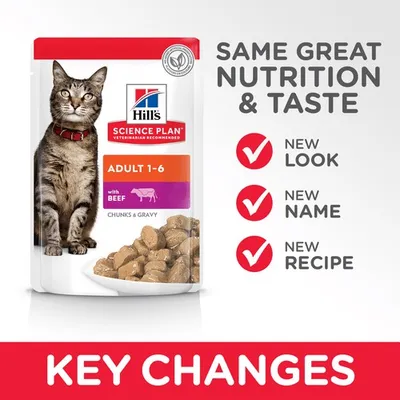 Hill's Science Plan Adult 1-6 with Beef Chunks & Gravy. Key changes: new look, new name, new recipe. Same great nutrition and taste.