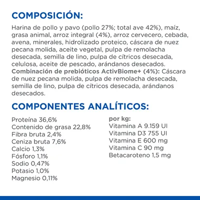 Composición: harina de pollo y pavo, maíz, arroz integral 4 %, avena, minerales, aceite vegetal, arándanos. Componentes analíticos: proteína 36,6 %, grasa 22,8 %, fibra 2,4 %, vitaminas A, D3, E, C.