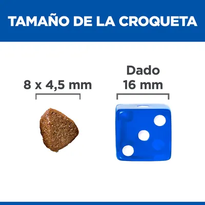 Tamaño de la croqueta: 8 x 4,5 mm junto a un dado azul de 16 mm para comparación visual.