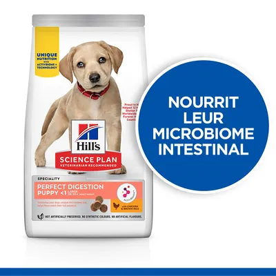 Sac de croquettes Hill’s Science Plan Perfect Digestion Puppy <1 Large, poulet et riz brun. Texte : Nourrit leur microbiome intestinal. Recommandé par vétérinaires.