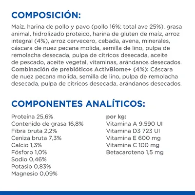 Composición: maíz, harinas de pollo y pavo (ave 25 %), grasa animal, arroz integral, cereales, minerales, aceites, vitaminas, arándanos. Componentes analíticos: proteína 25,6 %, grasa 16,8 %.