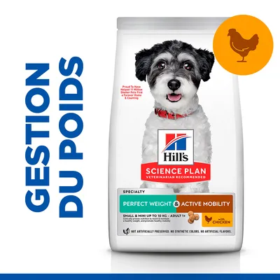 Sac Hill's Science Plan Perfect Weight & Active Mobility pour chien adulte petite race, poulet, gestion du poids, texte visible : 'GESTION DU POIDS', logo poulet en haut à droite. Sac Hill's Science Plan Perfect Weight & Active Mobility pour chien adulte petite race, poulet, gestion du poids, texte visible : 'GESTION DU POIDS', logo poulet en haut à droite.