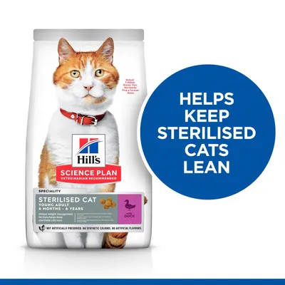 Hill's Science Plan Sterilised Cat Young Adult 6 Months – 6 Years with Duck -kissanruokapakkaus. Teksti: Helps keep sterilised cats lean.