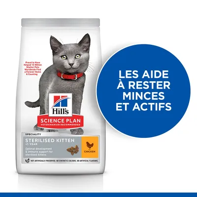 Hill's Science Plan Sterilised Kitten <1 Year au poulet, aide à rester minces et actifs, développement optimal et soutien immunitaire, sans conservateurs ni arômes artificiels.