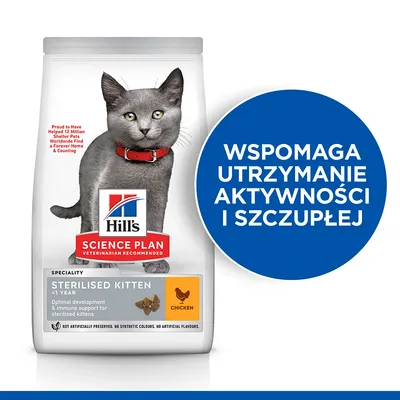 Hill's Science Plan Sterilised Kitten <1 Year Chicken. Wspomaga utrzymanie aktywności i szczupłej sylwetki. Optymalny rozwój i wsparcie odporności dla sterylizowanych kociąt.