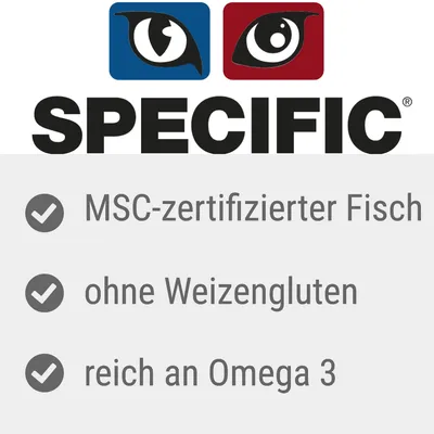 SPECIFIC. MSC-zertifizierter Fisch, ohne Weizengluten, reich an Omega 3.