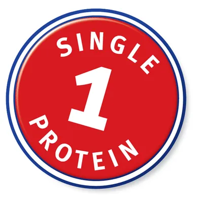 Rødt segl med hvid tekst: Single Protein og tallet 1.