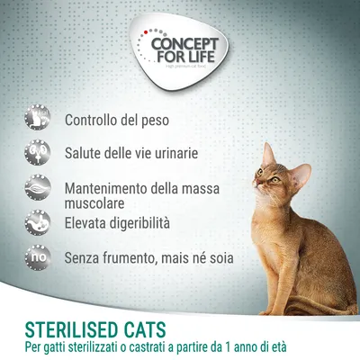 Concept for Life. Controllo del peso, salute delle vie urinarie, mantenimento della massa muscolare, elevata digeribilità, senza frumento, mais né soia. Sterilised Cats per gatti sterilizzati o castrati da 1 anno.