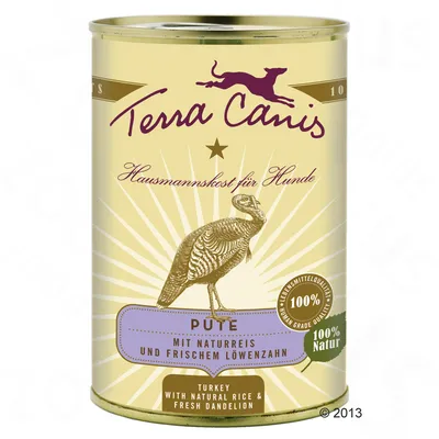 Blik Terra Canis hondenvoer, tekst: Hausmannskost für Hunde, Pute mit Naturreis und frischem Löwenzahn, 100% Natur, Turkey with natural rice & fresh dandelion.