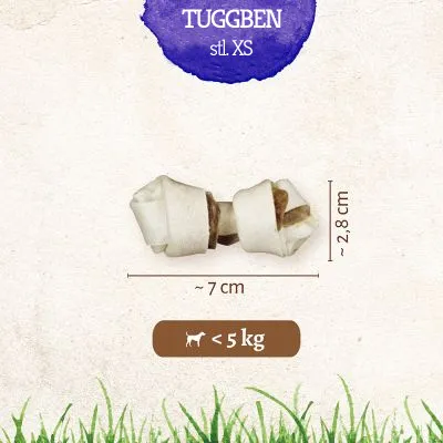 Tuggben stl. XS, cirka 7 cm långt och 2,8 cm högt. Rekommenderas för hundar under 5 kg.