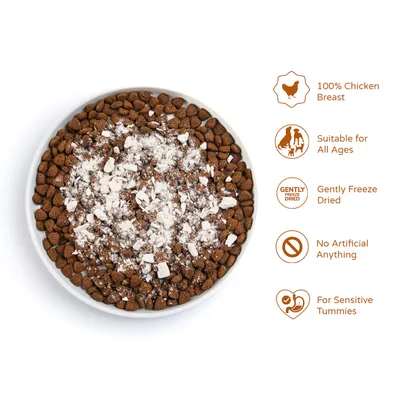 Bowl of dry food with freeze-dried pieces. Features: 100% chicken breast, suitable for all ages, gently freeze dried, no artificial ingredients, for sensitive tummies.