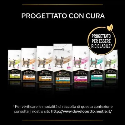 Confezioni di Purina Pro Plan Veterinary Diets per gatti, varianti Renal Function, Urinary, Gastrointestinal, Beauty, Hypoallergenic. Testo: Progettato con cura, progettato per essere riciclabile.