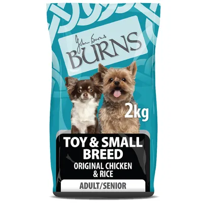 2kg pack labelled Toy & Small Breed, Original Chicken & Rice, Adult/Senior. Features images of two small dogs on the front.