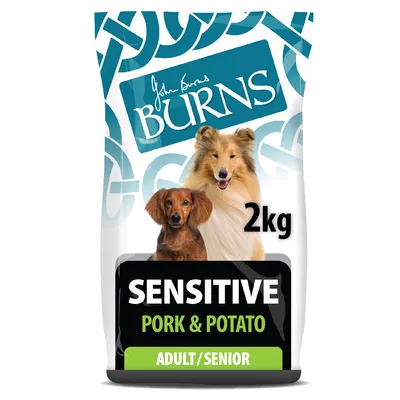 2kg bag labelled Sensitive Pork & Potato, Adult/Senior. Features two dogs and the brand name Burns.