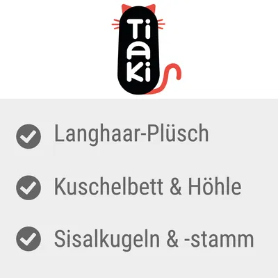 Tiaki. Langhaar-Plüsch, Kuschelbett & Höhle, Sisalkugeln & -stamm.