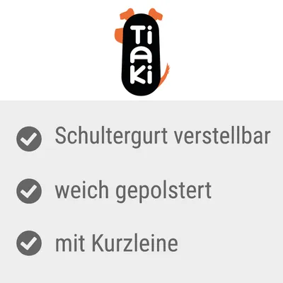 Tiaki. Schultergurt verstellbar, weich gepolstert, mit Kurzleine. Texte en allemand.