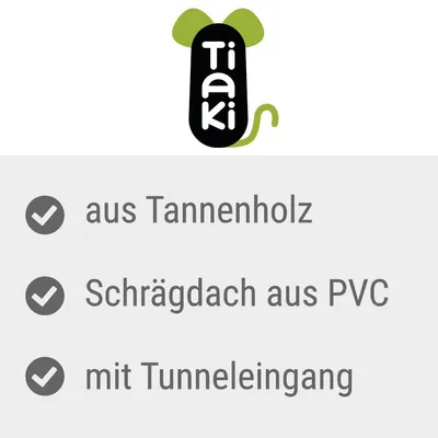 Tiaki. Aus Tannenholz, Schrägdach aus PVC, mit Tunneleingang.
