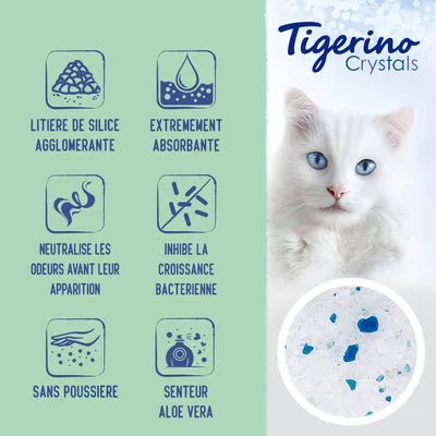 Tigerino Crystals litière de silice agglomérante, extrêmement absorbante, neutralise les odeurs, inhibe la croissance bactérienne, sans poussière, senteur aloe vera.