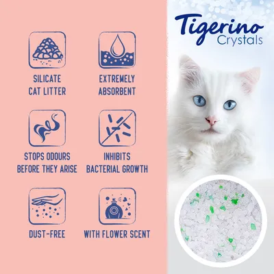 Silicate cat litter features: extremely absorbent, stops odours before they arise, inhibits bacterial growth, dust-free, with flower scent. Image of white crystals with green pieces.