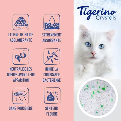 Tigerino Crystals litière de silice agglomérante, extrêmement absorbante, neutralise les odeurs, inhibe la croissance bactérienne, sans poussière, senteur fleurie. Photo des cristaux.