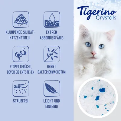 Tigerino Crystals. Klumpende Silikat-Katzenstreu, extrem absorbierfähig, stoppt Gerüche bevor sie entstehen, hemmt Bakterienwachstum, staubfrei, leicht und ergiebig.
