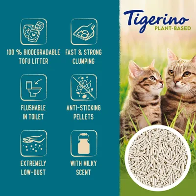 Tigerino Plant-Based, 100% biodegradable tofu litter, fast & strong clumping, flushable in toilet, anti-sticking pellets, extremely low-dust, with milky scent. Tekst in het Engels.