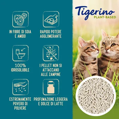 Tigerino Plant-Based, lettiera per gatti. Testi visibili: in fibre di soia e amido, rapido potere agglomerante, 100% idrosolubile, i pellet non si attaccano alle zampine, povero di polvere, profumazione leggera e dolce di latte.