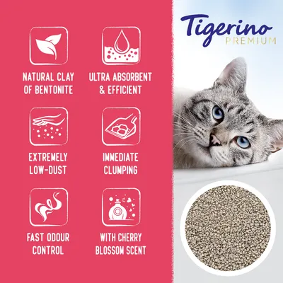 Tigerino Premium kattegrus. Natural clay of bentonite, ultra absorbent & efficient, extremely low-dust, immediate clumping, fast odour control, with cherry blossom scent. Tekst på engelsk.