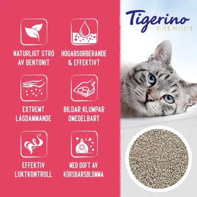 Tigerino Premium. Naturligt strö av bentonit, högabsorberande & effektivt, extremt lågdammande, bildar klumpar omedelbart, effektiv luktkontroll, med doft av körsbärsblomma.