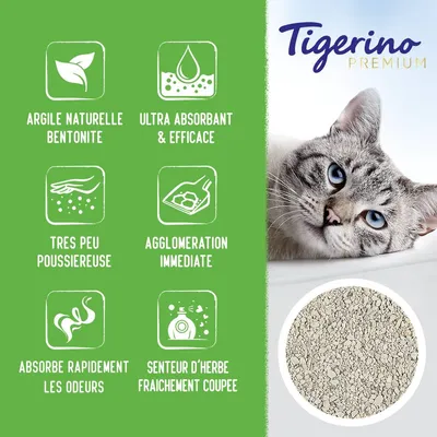 Tigerino Premium. Argile naturelle bentonite, ultra absorbant & efficace, très peu poussiéreuse, agglomération immédiate, absorbe rapidement les odeurs, senteur d’herbe fraîchement coupée.