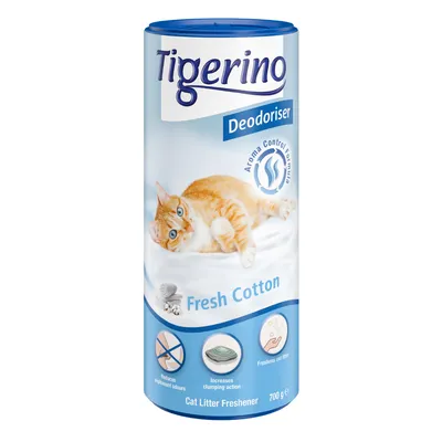 Tigerino Deodoriser Fresh Cotton, Aroma Control Formula, Cat Litter Freshener 700 g. Kuvakkeet: vähentää hajuja, parantaa paakkuuntumista, raikastaa kissanhiekan.