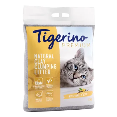 Tigerino Premium натурална бентонитова котешка тоалетна с аромат на ванилия, ултра абсорбираща, бърз контрол на миризмата, моментално слепваща, изключително ниско прашене. Опаковката показва котка. Съдържание: 12 кг.