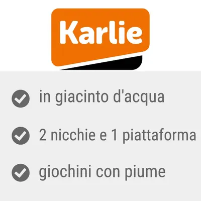 Karlie, in giacinto d'acqua, 2 nicchie e 1 piattaforma, giochini con piume