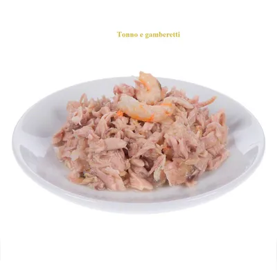 Piatto con tonno sminuzzato e gamberetti, testo visibile in alto: Tonno e gamberetti.