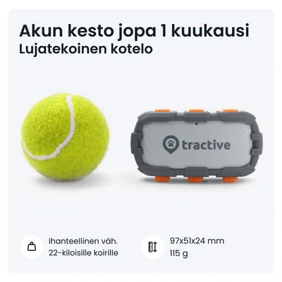 Tractive-seurantalaite: akun kesto jopa 1 kuukausi, lujatekoinen kotelo. Koko 97×51×24 mm, paino 115 g. Ihanteellinen väh. 22-kiloisille koirille. Tennispallo vertailun vuoksi.
