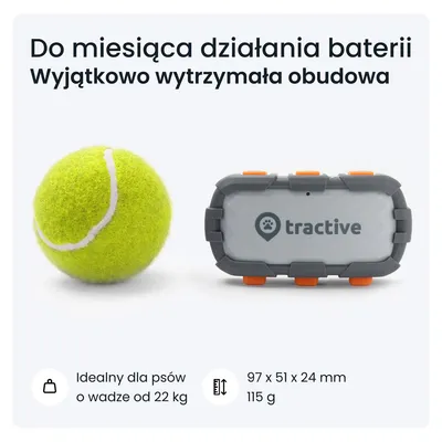 Tractive – do miesiąca działania baterii, wytrzymała obudowa. Wymiary 97 × 51 × 24 mm, waga 115 g. Idealny dla psów o wadze od 22 kg. Obok piłka tenisowa.