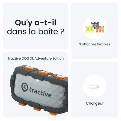Contenu visible : Tractive DOG XL Adventure Edition, 3 attaches flexibles, chargeur. Texte affiché : Qu'y a-t-il dans la boîte ?