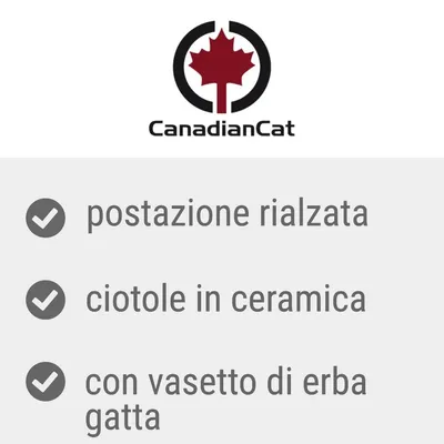 CanadianCat, postazione rialzata, ciotole in ceramica, con vasetto di erba gatta