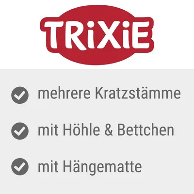 Trixie. Mehrere Kratzstämme, mit Höhle und Bettchen, mit Hängematte.