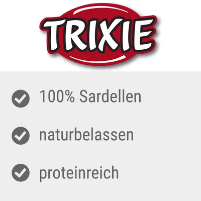 TRIXIE. 100% Sardellen, naturbelassen, proteinreich. Testo in tedesco.