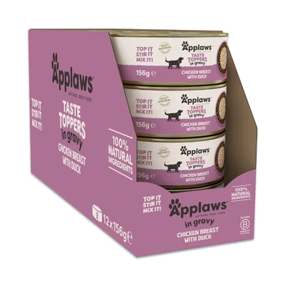 Applaws Taste Toppers in gravy, Chicken Breast with Duck, 12 x 156g, 100% natural ingredients, TOP IT STIR IT MIX IT!, Certified B Corporation. Applaws Taste Toppers in gravy, Chicken Breast with Duck, 12 x 156g, 100% natural ingredients, TOP IT STIR IT MIX IT!, Certified B Corporation.